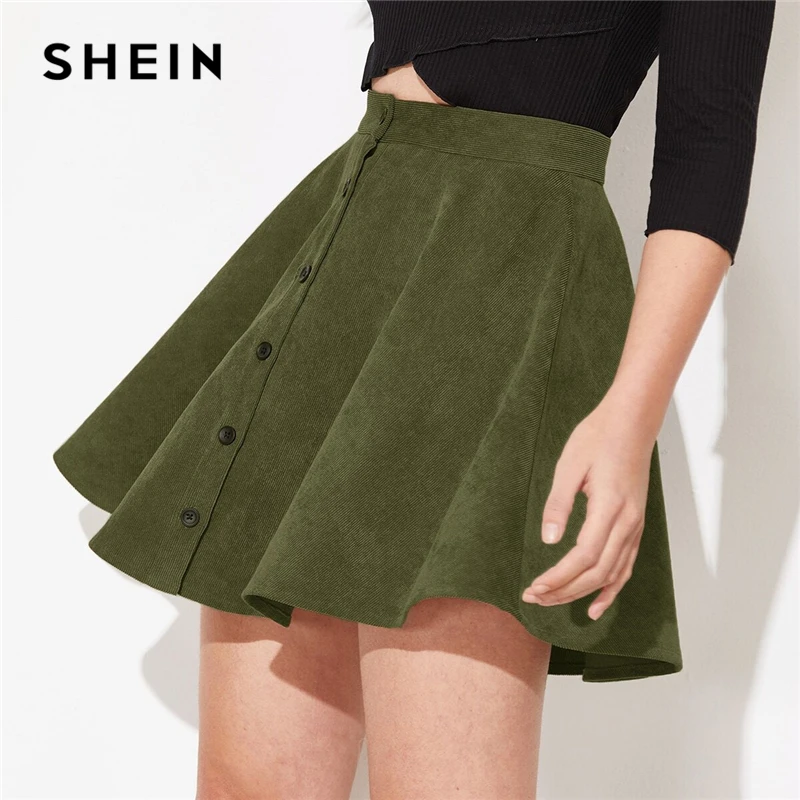 SHEIN однотонная Вельветовая повседневная юбка с пуговицами спереди, Женская юбка, осень, уличная одежда, высокая талия, Женские базовые короткие расклешенные юбки