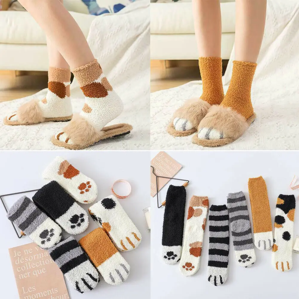 Пушистые зимние милые толстые теплые носки-тапочки с когтями для сна, плюшевые женские и девичьи коралловые флисовый Носок, чулочно-носочные изделия с принтом