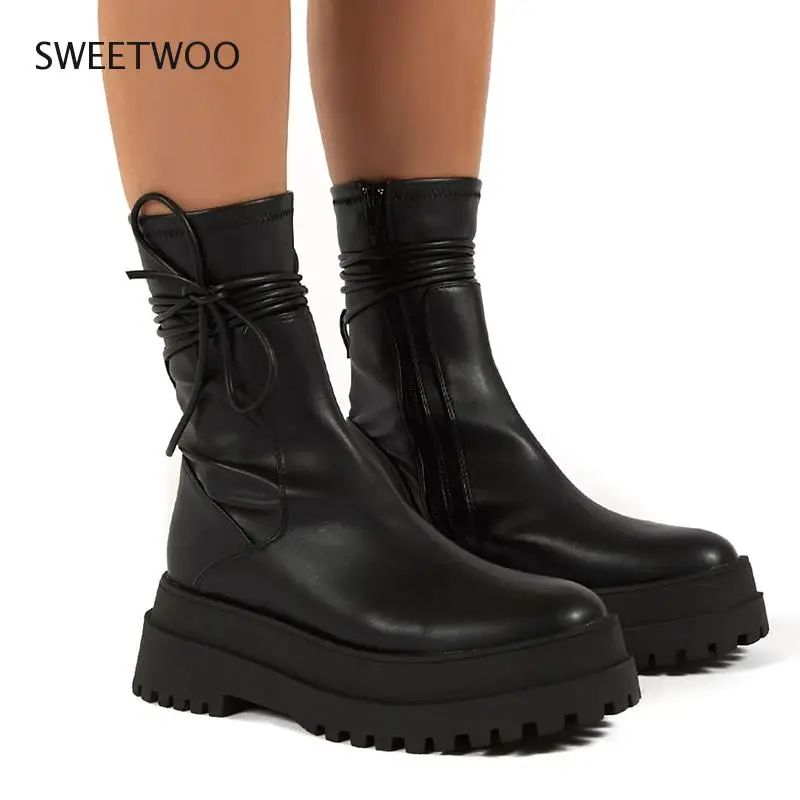 Women's Fashion Boots PU Leather Platform Female Bandage Ankle Boot Zipper Thick Bottom Non Slip Woman Shoes Autumn Winter 2021