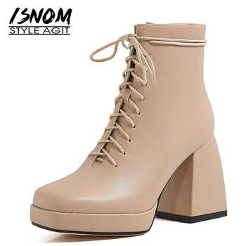 

ISNOM Genuine Leather Ankle Boots Block Heel Cross Tie Booties Women Square Toe Platform Chunky High Heels Boot Woman Shoes