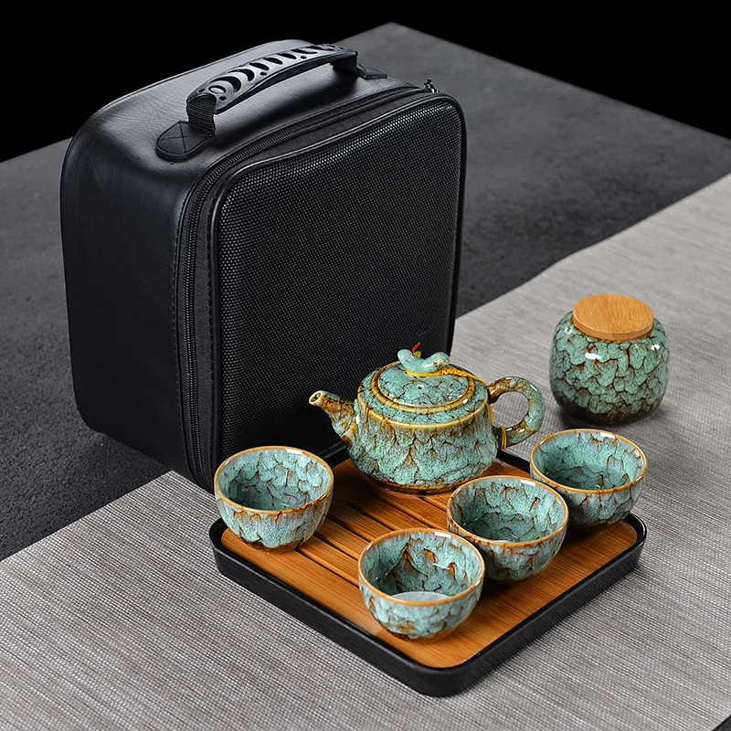Китайская керамическая измененная обжиганием в печи чайный набор для путешествий в японском стиле простой домашний Открытый Портативный кунг-фу чайный стаканчик из четырех чашек