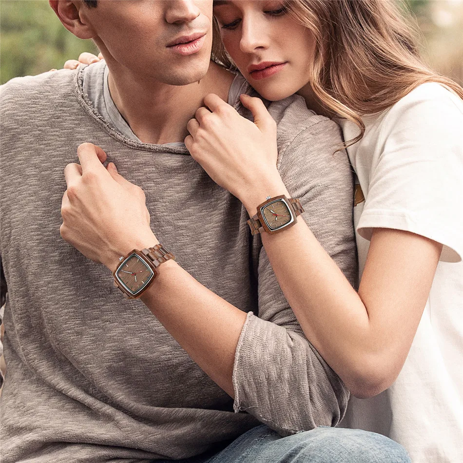 Wood-Watch Couple Square-Design Lovers with Brown Walnut Quartz for Stylish Gift-Box