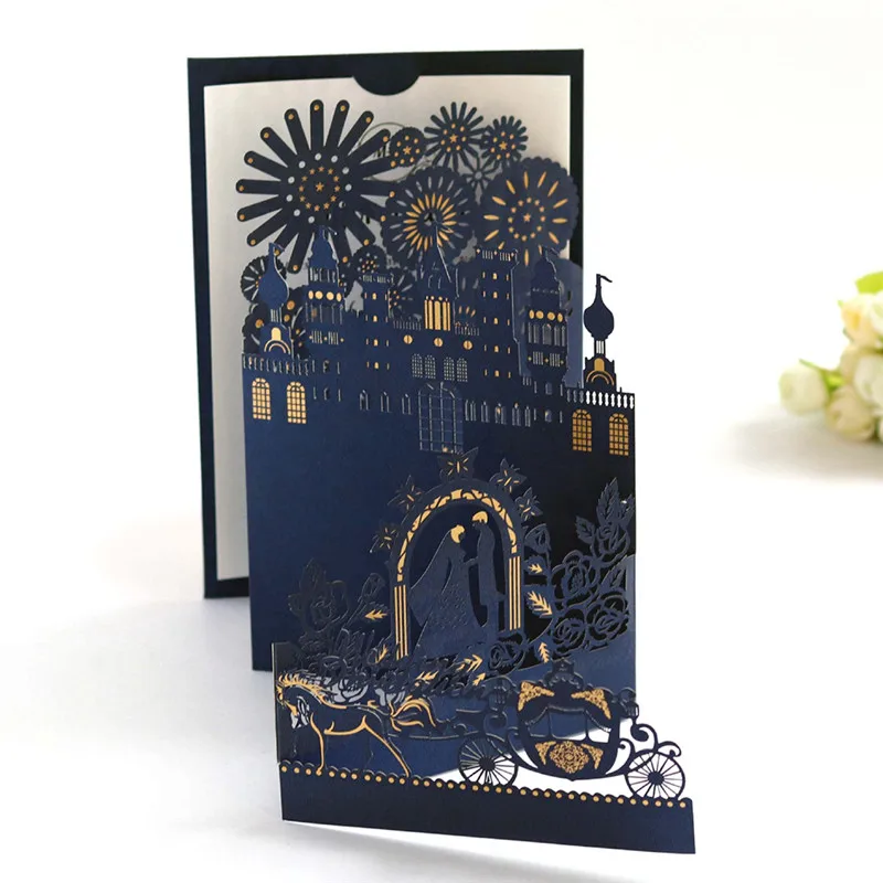  Popular Wedding Invitations 3D Card Elegant Bride and Groom Castle Wedding Favors Laser Cut Envelop - 4.00026E+12