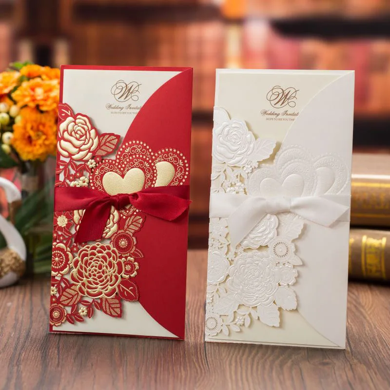 

Laser Cut Wedding Invitations Cards Gold foil Rose Love Heart Greeting Cards Envelopes with Ribbon Wedding Party Supplies 100Pcs