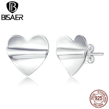 

BISAER Fold Hearts Earrings 925 Sterling Silver Classic heart-shaped Small Stud Earrings for Women Sterling Silver Jewelry