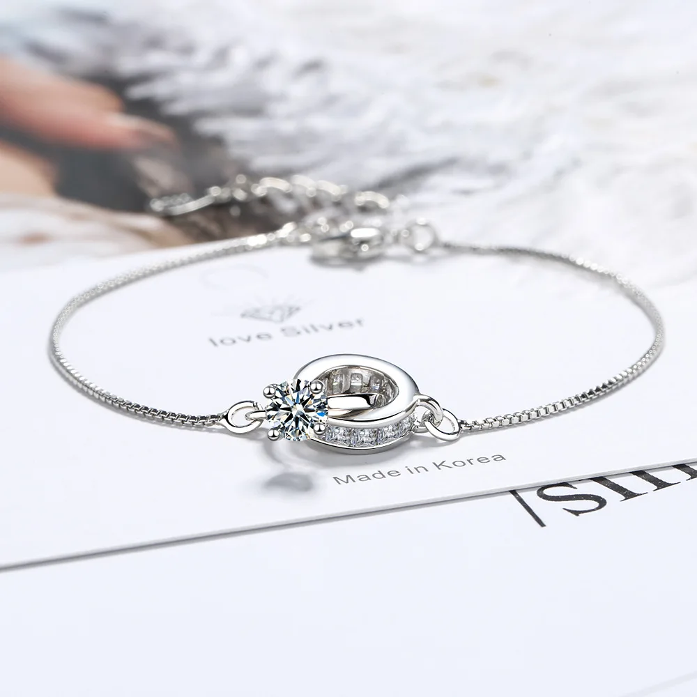 925 Sterling Silver Zircon Double Circle Charm Bracelet&Bangle For Women Elegant Wedding Jewelry Pulseras sl130 - Image 4