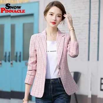 

Women Blazer Autumn Slim single button Plaid Women Blazer Pockets Jackets Female Retro Suits Coat Feminino blazers