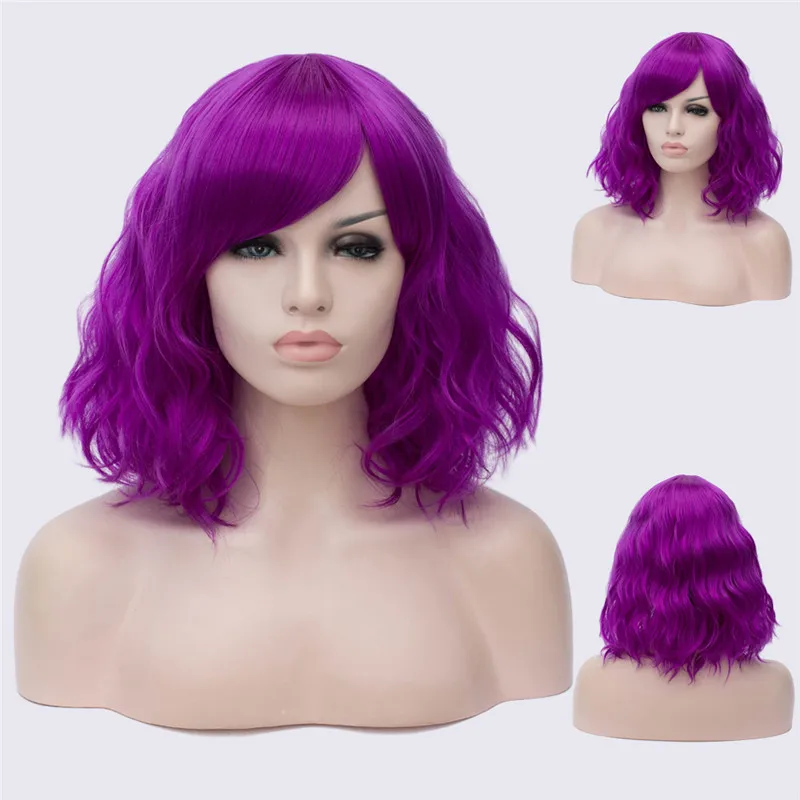 MSI Wigs, Короткие парики для косплея, фиолетовый, для женщин, кудрявый, красный, синий, парик с боковой челкой, зеленый, розовый, синтетический парик, жаростойкий
