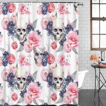 

Skull Pink Flower Leaf Modern Home Decor Bathroom Waterproof Shower Curtain