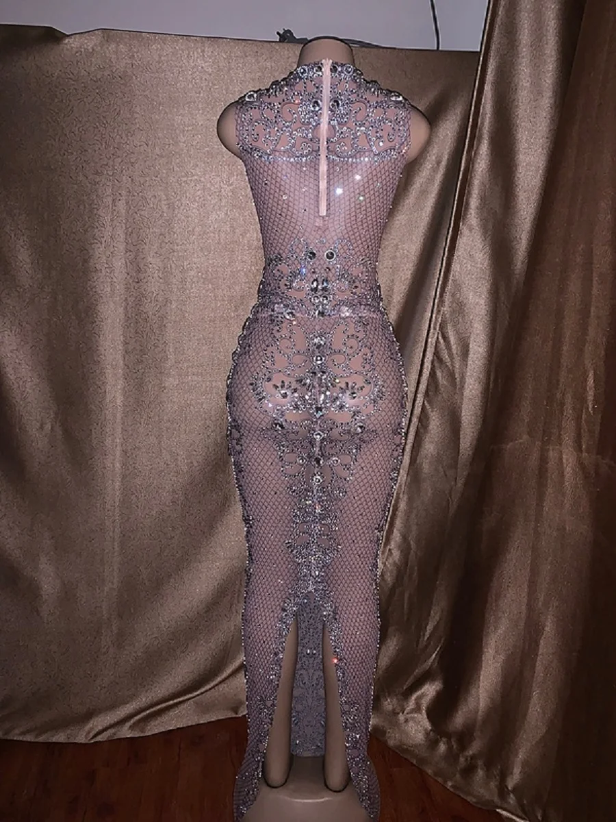 Women Sexy Rhinestones Boycon Strech Dance Show Dress Birthday Party Celebrate See Through Perspective Evening Dresses Costumes