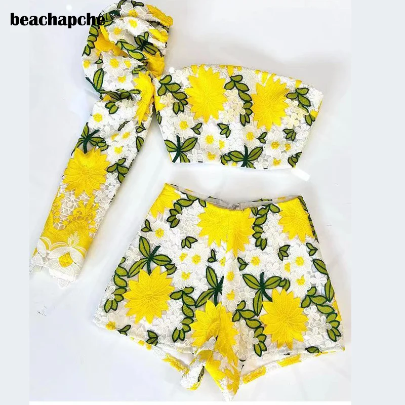 Beachapche Lace Duff Sleeve Top & Short Sets Yellow One-Sholder Vest Shorts Two Piece Set Club Outfit Women Hollow out Top Sexy matching lounge set