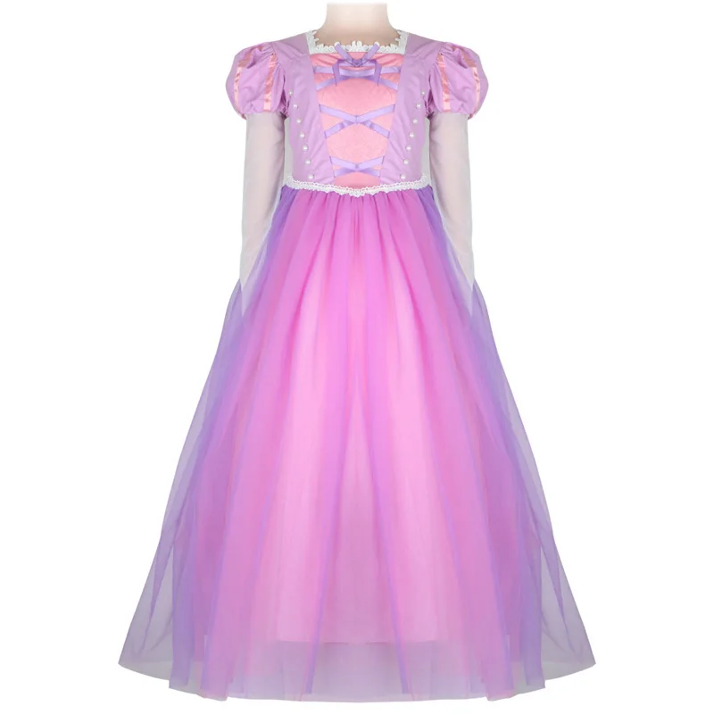 Платье принцессы Рапунцель для девочек; детская одежда для костюмированной вечеринки; детская одежда с длинными рукавами; карнавальные аксессуары для вечеринки по случаю Дня рождения; парик - Цвет: Dress