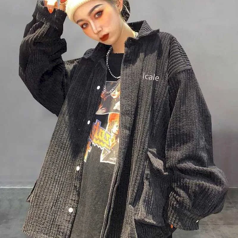 2021 New Corduroy Jacket Women's Loose Cardigan Style Spring Retro Polo Collar Embroidery Letter Shirt Tide Wil | Женская одежда