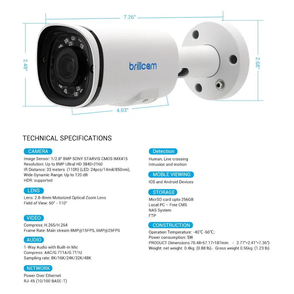 Brillcam 4K UHD IR Bullet IP камера с 2 8 мм 3X моторизованный оптический зум объектив PoE