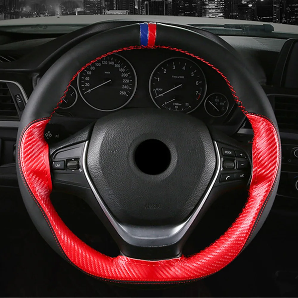 15 inch/38 cm Anti-slip Car Steering Wheel Cover DIY Carbon Fiber And Thread Soft Leather Auto Car Steering Wheel Covers