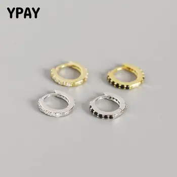 

YPAY 100% Genuine 925 Sterling Silver Hoop Earrings for Women Trendy Round Black and White Zircon Small Earring Jewelry YME526