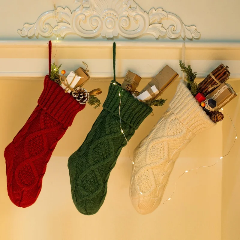 1 шт., рождественские вязаные носки, Подарочный держатель, дерево, орнамент, средние Носки на камин, подвесные рождественские носки с кольцом для конфетного подарка