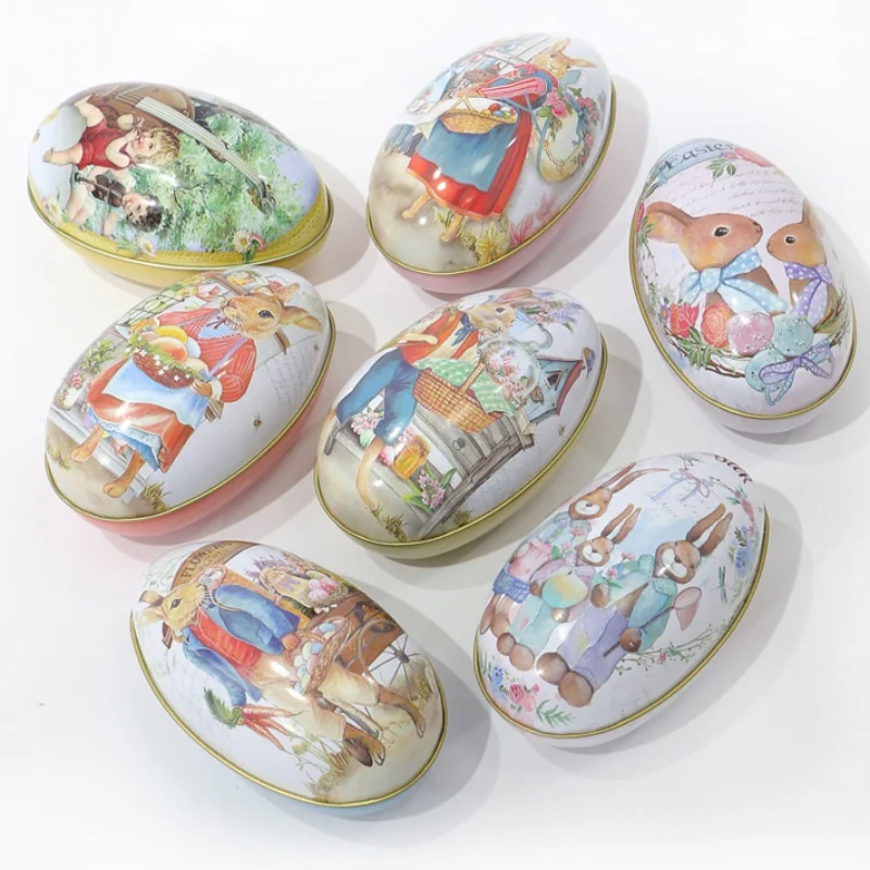 

1 Pc Easter Bunny Dress Printing Alloy Metal Trinket Tin Easter Eggs Shaped Candy Box Tinplate Case Easter gift Party Decoratio