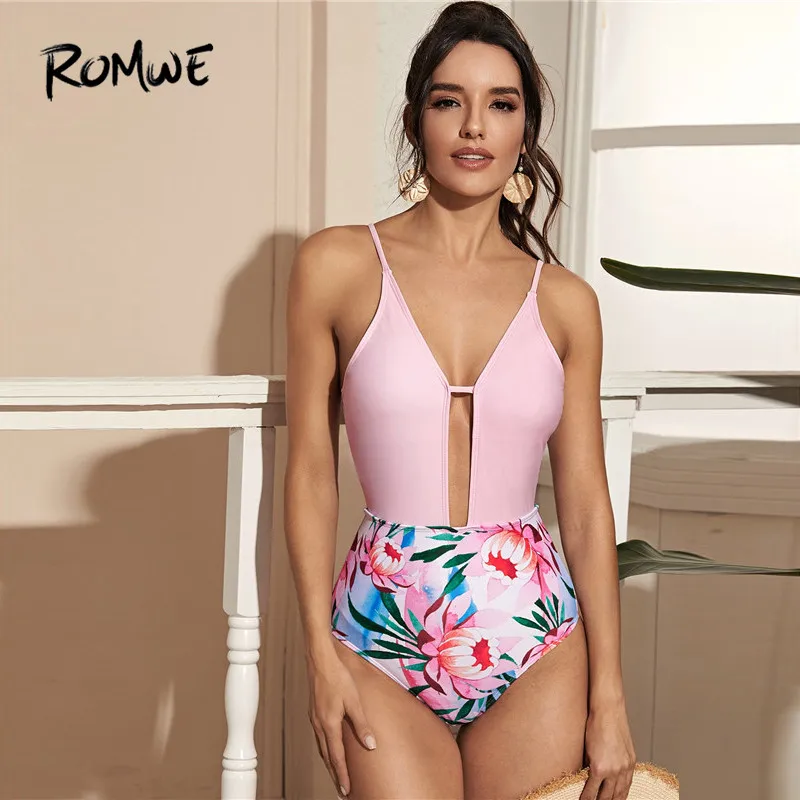 Romwe Sporty Floral Print One Piece Swimwear Women Summer Sexy Bathing Suit Spaghetti Strap High Waist Swimwear Pink Monokini