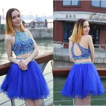 Платье для выпускного вечера из двух частей, расшитое бисером стразы, сексуальные платья с открытой спиной для выпускного бала, Короткие тюлевые А-образные вечерние платья для невесты