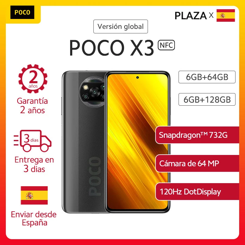 POCO X3 NFC-teléfono inteligente , 6GB 64GB 128GB los teléfonos móviles versión Global, Snapdragon 732G, pantalla FHD de 6,67 pulgadas, cámara cuádruple ia de 64MP, batería de 5160mAh, carga rápida de 33W españa