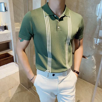 

Ropa Hombre Men's Short-sleeved 2020 Summer Knitted Polo Shirt Contrast Color Stripe British Slim Lapel Ice Silk Ropa De Hombre
