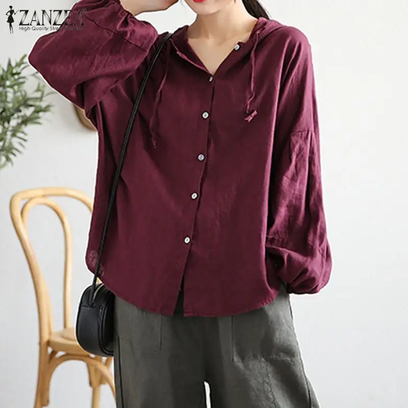  ZANZEA Women Vintage Hoodies Lantern Sleeve Blouse Casual Buttons Shirts Solid Cotton Linen Tops Fe