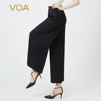 

VOA Silk 22mm Black Dark Fringe Jacquard One Button Arch Pin Craft Slanting Bag Loose Straight Wide Leg Pants KE17