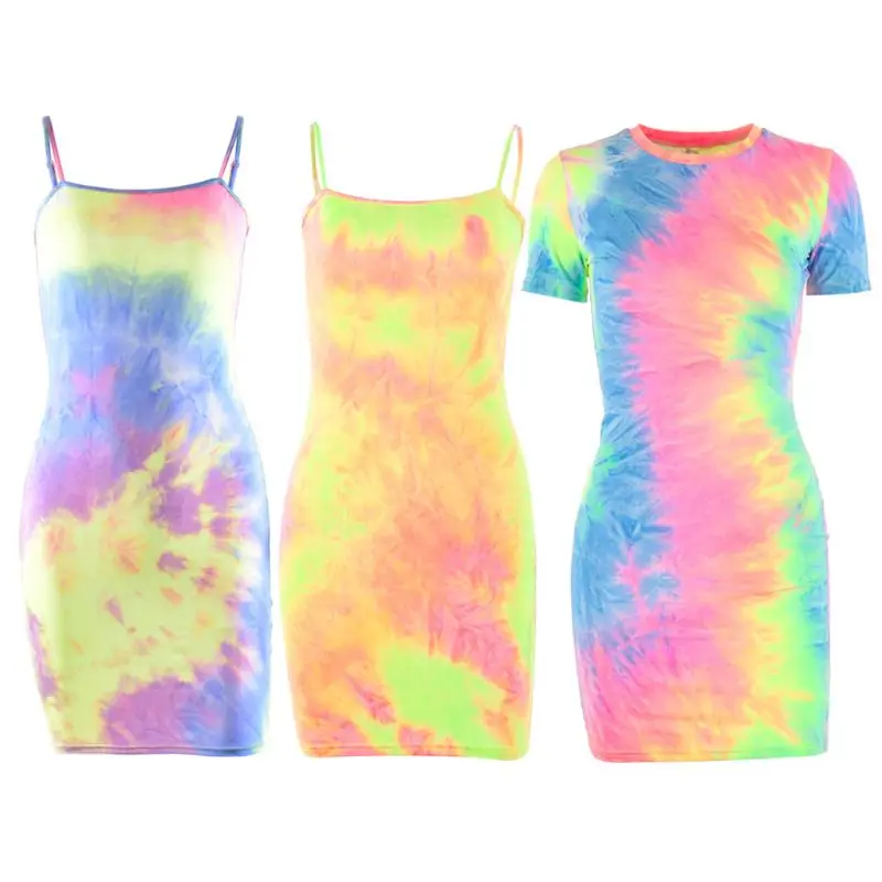 

Womens Summer Sexy Spaghetti Strap Mini Bodycon Dress Tie-Dye Gradient Neon Colored Print Music Festivals Beach Party Clubwear