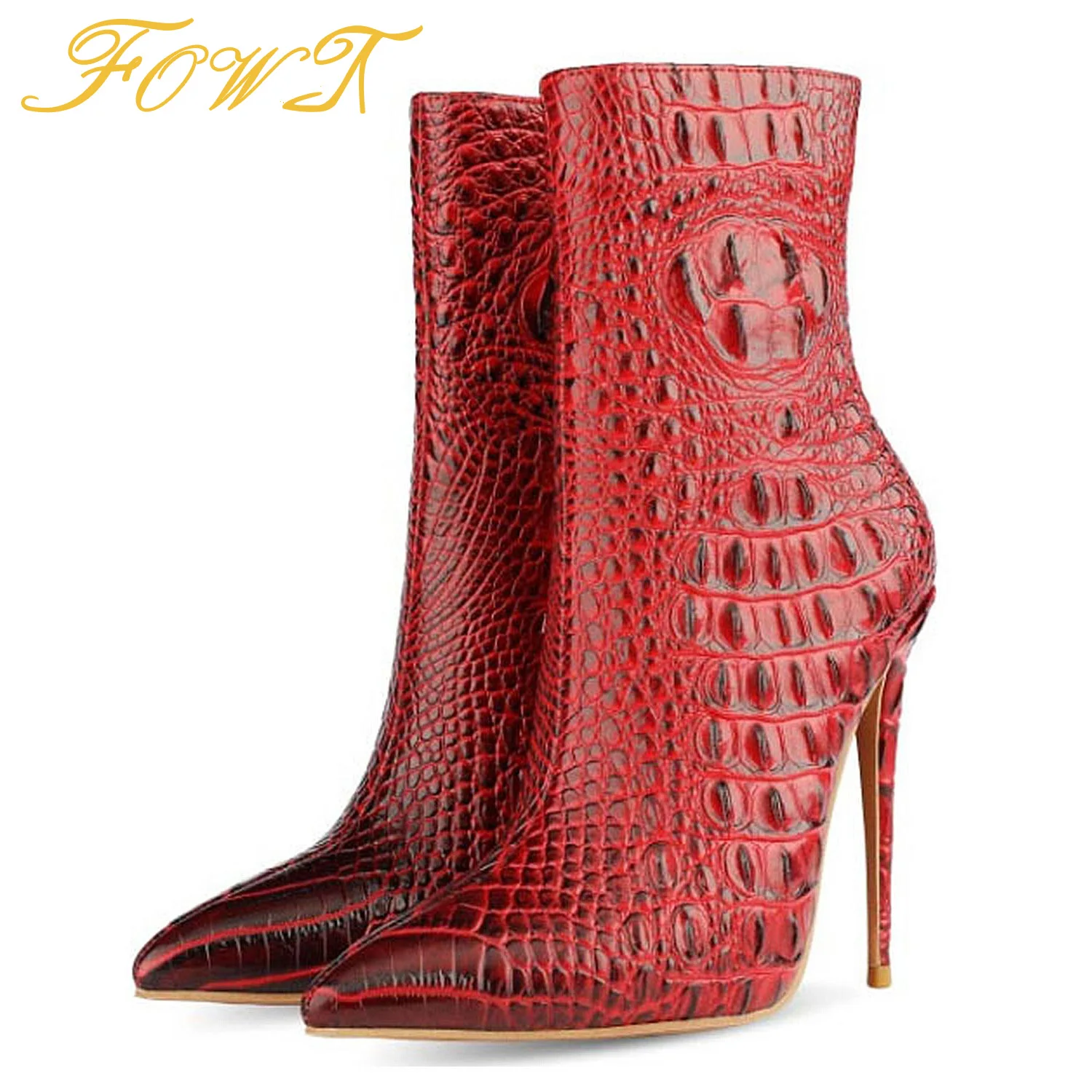 

Crocodile Embossed Women Ankle Boots Patent Leather High Thin Heels Pointed Toe Zip Novelty Winter Ladies Shoes Big Size 15 16
