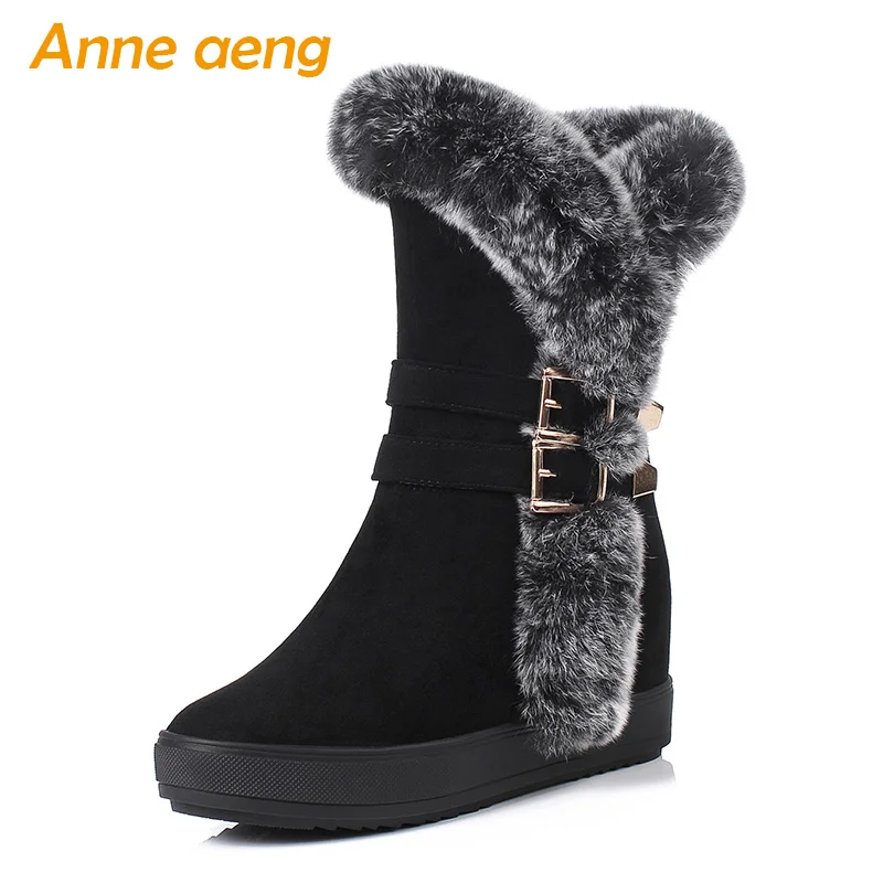 

2019 New Winter Women Snow Boots Wedge Hidden Heel Round Toe Zip Buckle Rabbit Fur Casual Women Platform Shoes Black Warm Boots
