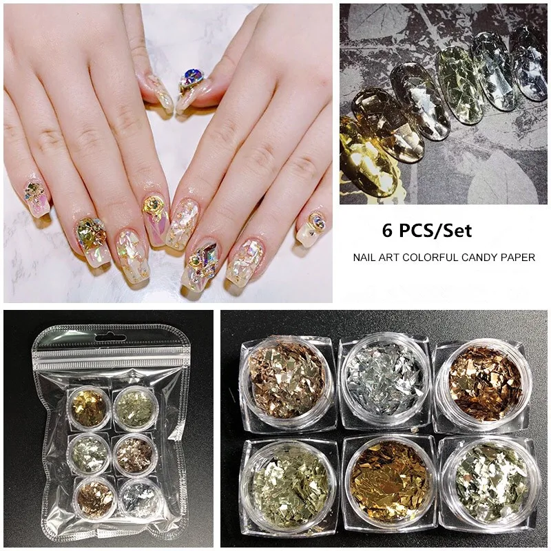 

6 PCS/Set Nail Bursting Fragments Glitter Powder Mirror Chrome Flakes Sequins Glass Paper Foil for Manicure Nail Art Decorations