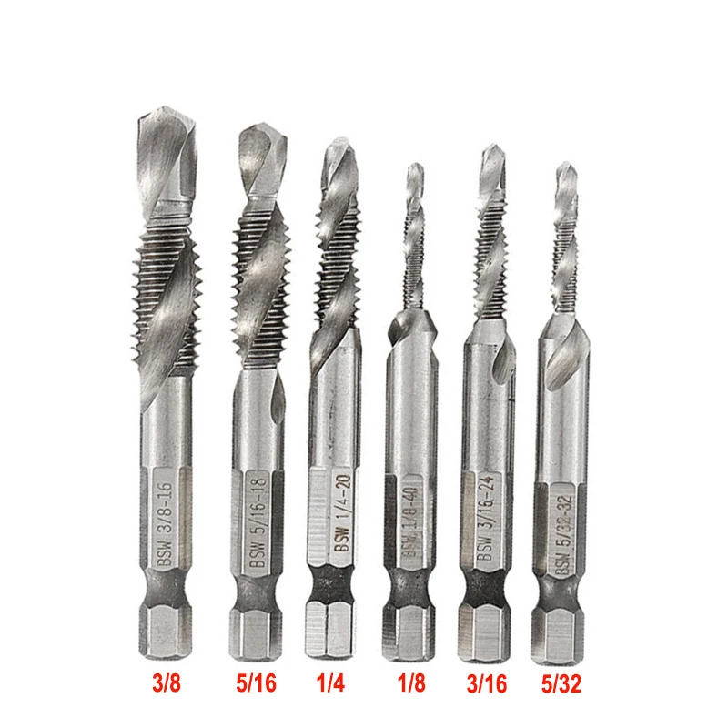 JUSTINLAU 1/8-3/8 Inch BSW Thread HSS Combination Drill Tap Bit 1/4 Inch Hex Shank Deburr Countersink Bit