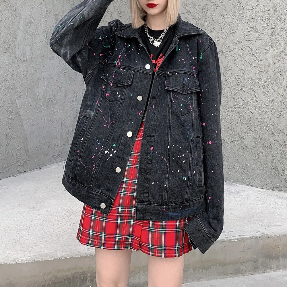 

Gothic Polka Dot Graffiti Denim Jacket Women Causal Colorful Streetwear Black Vintage Jeans Jackets Coats 2020 Autumn Outwear