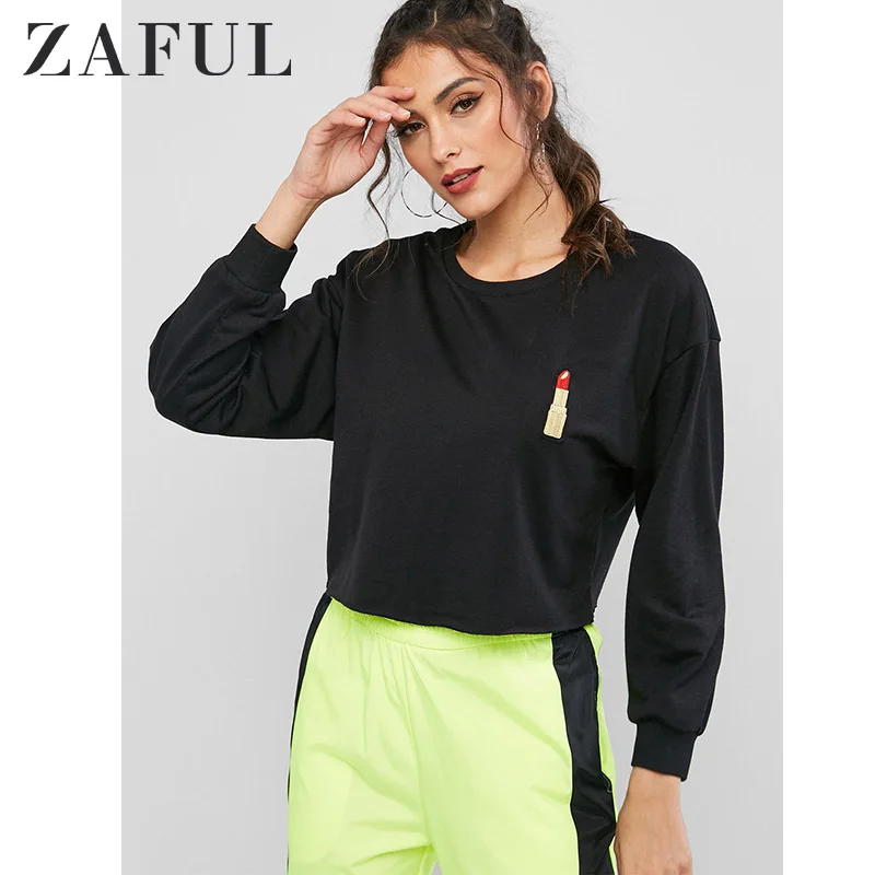 ZAFUL с вышивкой в виде губ модная укороченная толстовка заниженным плечом черный