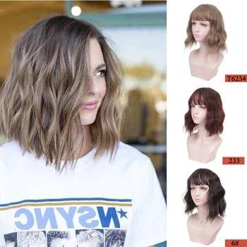 

MUMUPI Vigorous Short Wavy Wig with Bangs Synthetic Wigs for Women Natural Brown Mixed Black Hair Bob Wigs Heat Resistant Fiber