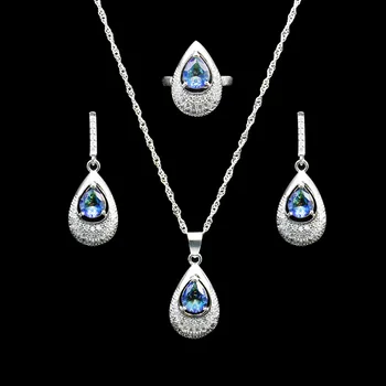 

GZJY Women Fashion Colorful Crystal Jewelry Sets 925 Silver Logo Heart Earrings Necklace Pendant Wedding Bridal Ring Gift Sets