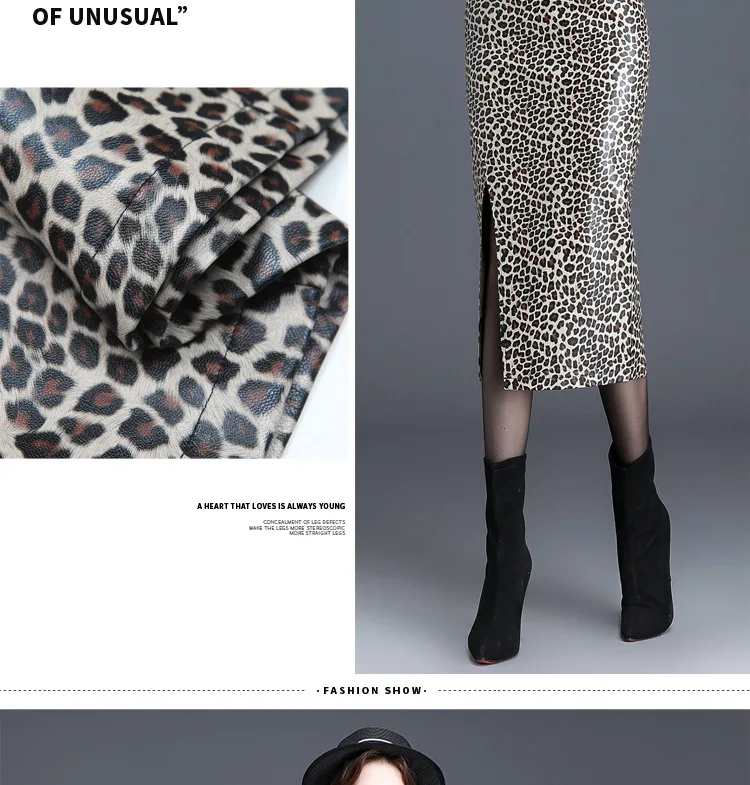 Women High Waist Slim Casual Long Leopard Leather Skirt Female Autumn Winter Fashion Slit Plus Size Skinny PU Leather Skirts