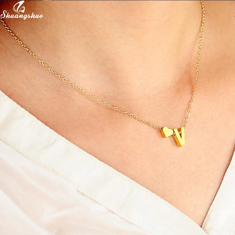Shuangshuo Tiny Initial S Cute Mini Heart Choker Necklace Chain Love Letter Pendant Women Simple Holiday Collier Girlfriend Gift