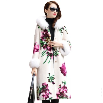 

2020 Women High quality Real Wool Fur Coat Winter Korean long Natural Fox Fur Collar Hooded Coat Print Sheep shearing Overcoat