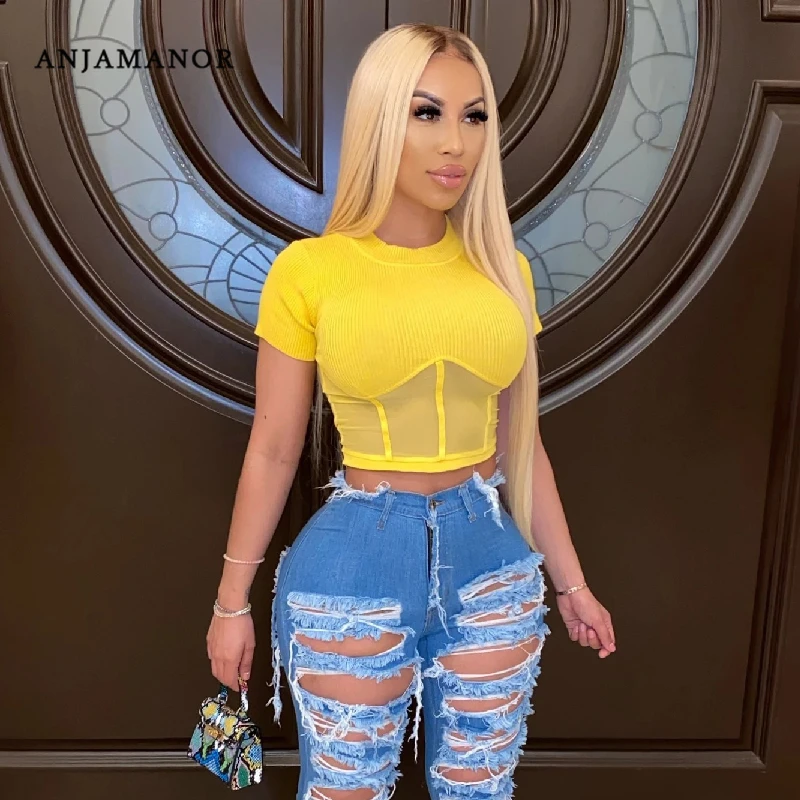ANJAMANOR Ribbed Mesh Spliced Sexy Shirts for Women Clothing 2020 Summer Short Sleeve Slim Sheer Crop Top T Shirt D48-BF12 | Женская