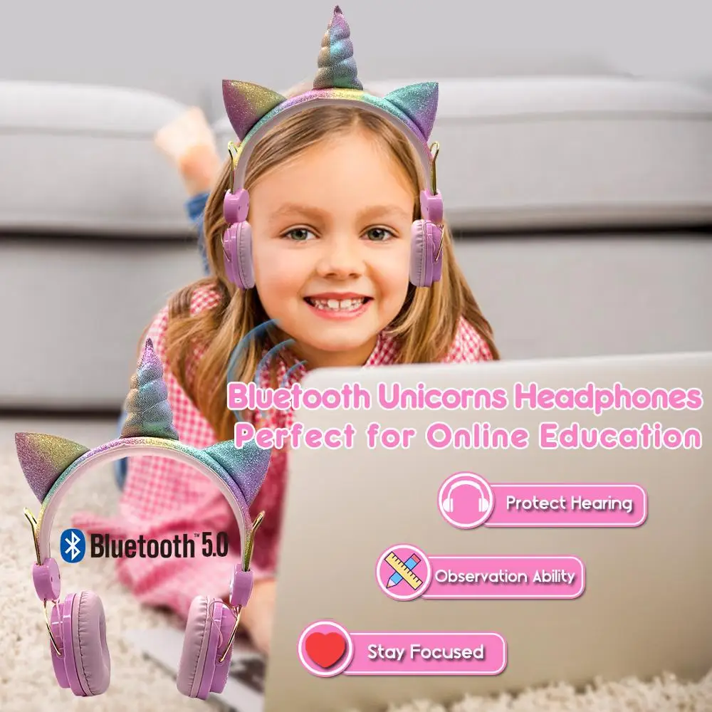 Upgraded Unicorns Bluetooth Headphones Foldable Music Stereo Earphone with MIC for Handsfree Online Education