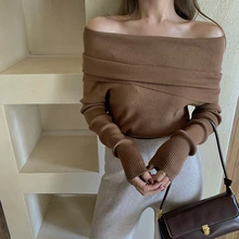 Женский вязаный свитер с длинным рукавом и открытыми плечами, пуловеры для девочек, вязаный сексуальный свитер с вырезом-лодочкой, топы, вязаная одежда для женщин