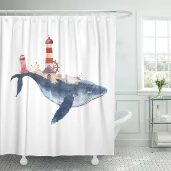 

Watercolor Creative Whale Hand Fantasy Blue Sea Lighthouses Plants Shower Curtain Polyester 72 x 78 inches Set with Hooks
