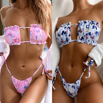 

2020 Pleated Bandeau Swimsuit Female Swimwear Women New Bikini Mini Thong Bikini Set Bather Swimming Beachwear for Bathing Suit