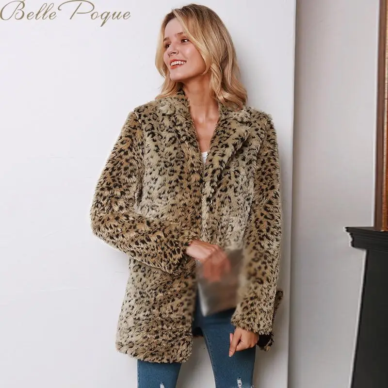 Belle Poque, теплое зимнее пальто из искусственного меха, женские куртки с отложным воротником, женские леопардовые куртки на молнии, свободные длинные женские куртки средней длины
