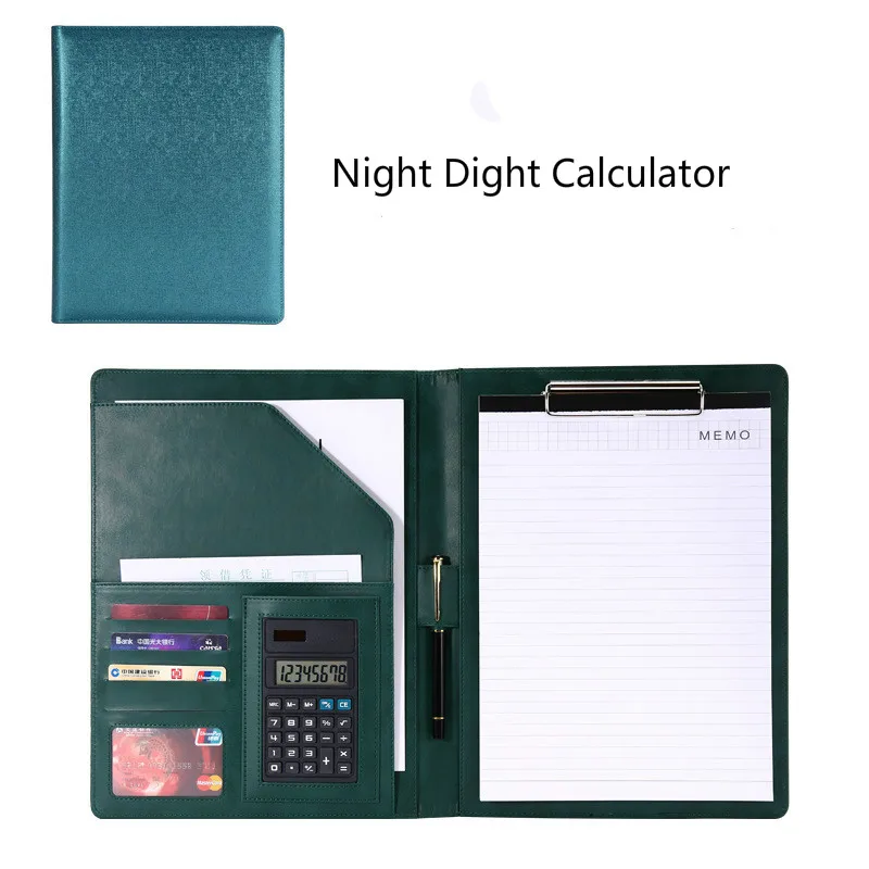 A4 папка для файлов из искусственной кожи портфель с калькулятором Многофункциональный органайзер для офисных принадлежностей менеджер документов Padfolio сумки - Цвет: Green D