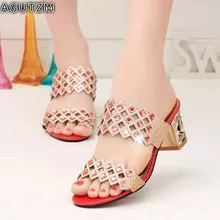 AGUTZM Women Summer Slipper Sandals Fashion Hgih Heels Open Toe Crystal Sandals Ladies Rhinestone Bohemia Beach Flip Flops h140