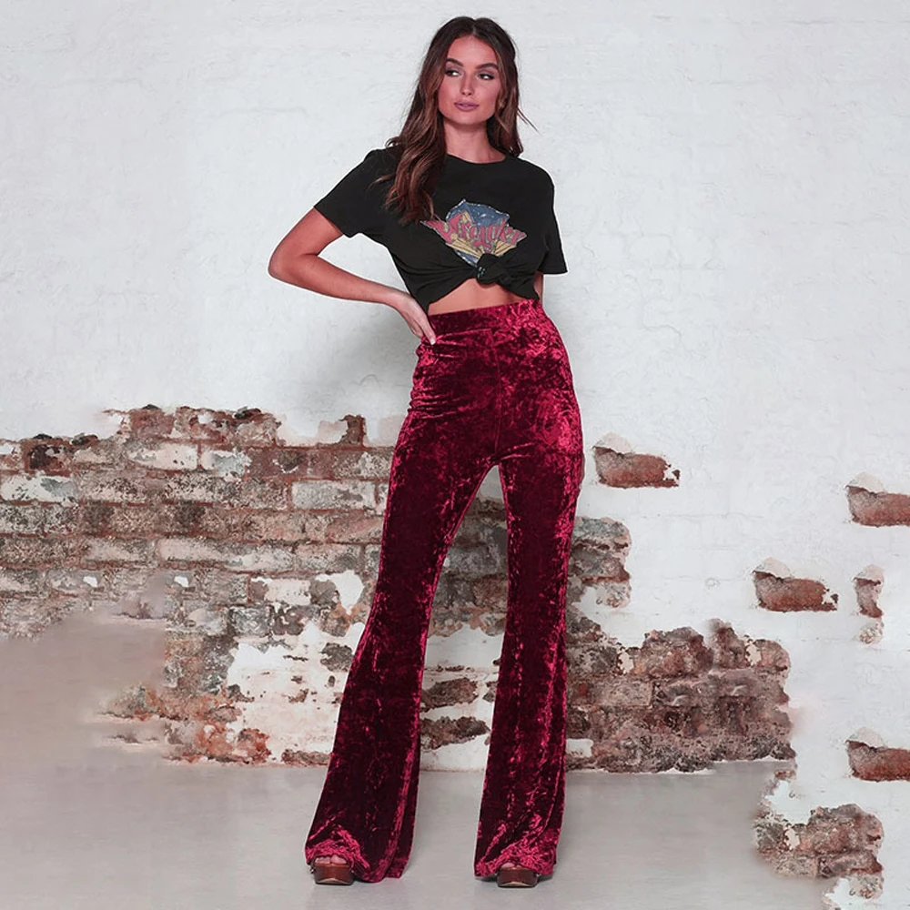 

2019 Autumn Women Wide Leg Pants High waist Sexy pleuche Stretch Flare Pants OL Ladies Career Long Trousers Casual Trousers