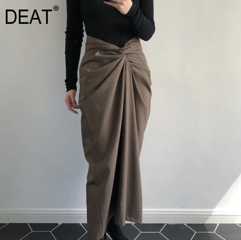 DEAT Autumn New Fashion Trend Clothing Elegant Covered Hips Strap Long Length High Waist Hip Skirt Pleated WI16